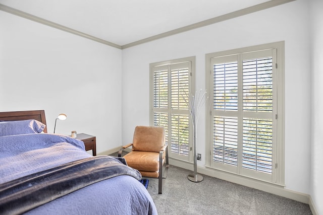 carpeted bedroom with crown molding