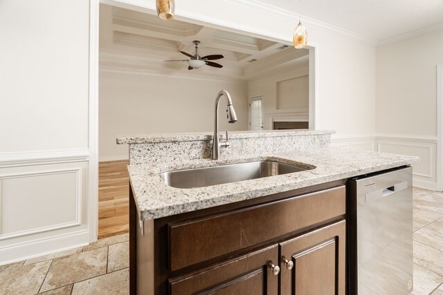 144 Lee Road 2083, Phenix City, AL 36870 - kitchen with stainless steel dishwasher, crown molding, coffered ceiling, a sink, and a ceiling fan
