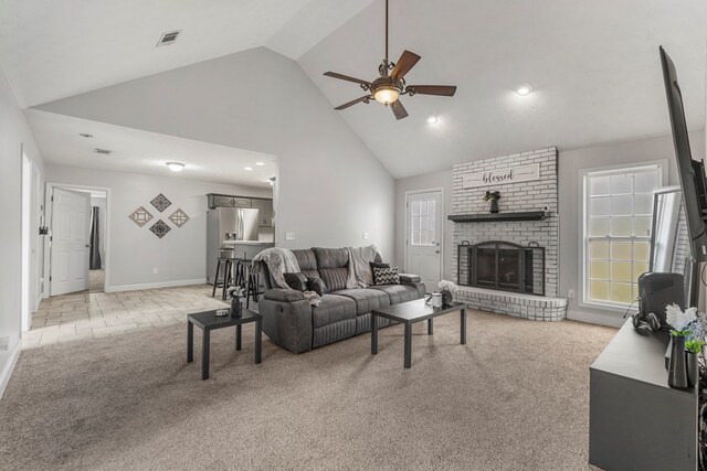 176 Lee Road 0504, Phenix City, AL 36870 - living area featuring light colored carpet, ceiling fan, high vaulted ceiling, a fireplace, and recessed lighting