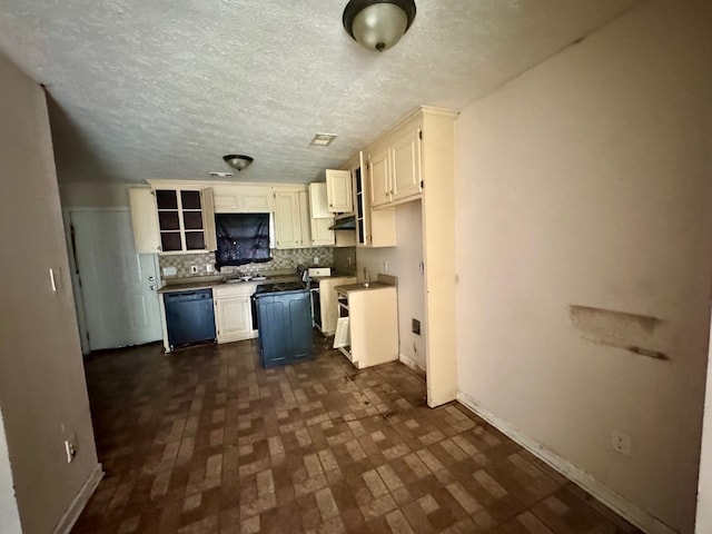 kitchen featuring decorative backsplash, a textured ceiling, ventilation hood, dishwasher, and white cabinets