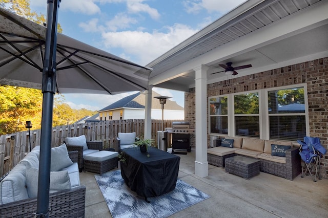 view of patio / terrace with outdoor lounge area, ceiling fan, and a grill