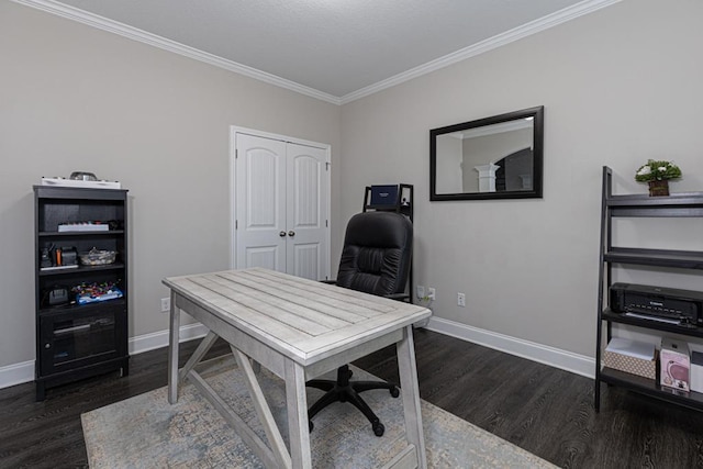 office space featuring dark hardwood / wood-style flooring and ornamental molding