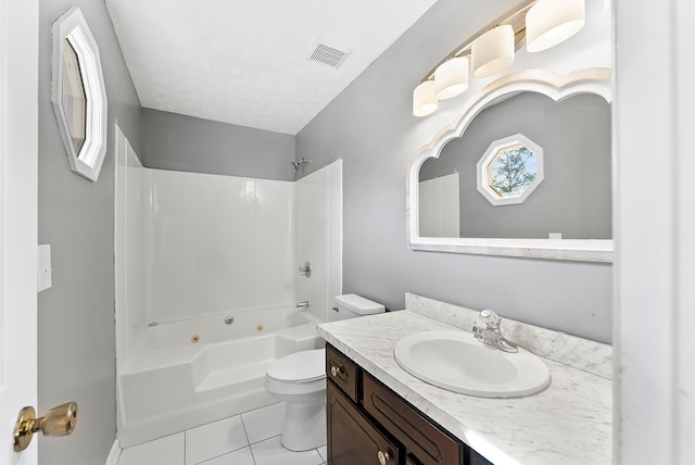 full bathroom featuring shower / bathing tub combination, vanity, toilet, tile patterned floors, and a textured ceiling