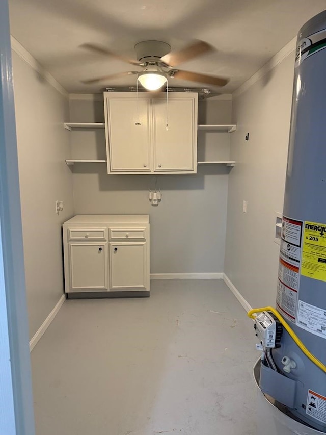 4229 Empire St, Columbus, GA 31907 - laundry area featuring cabinet space, ceiling fan, water heater, and crown molding