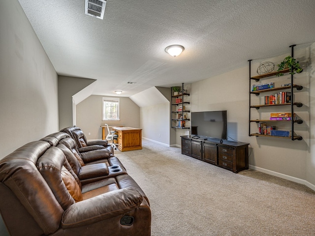 13733 Macon Rd, Upatoi, GA 31829 - living room featuring light carpet, a textured ceiling, and lofted ceiling