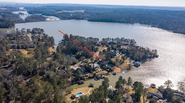 birds eye view of property with a view of trees and a water view