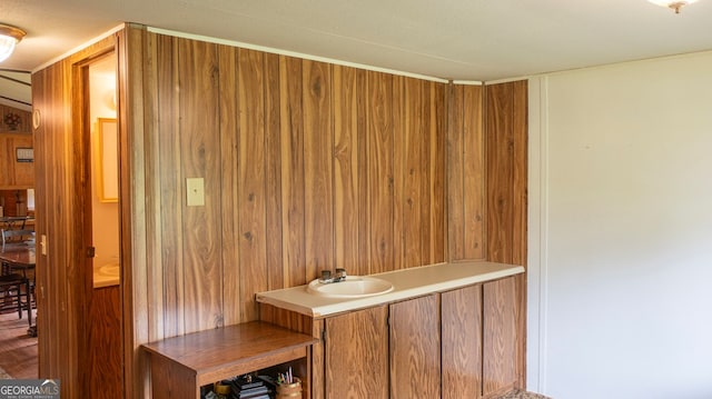 bathroom with sink and wooden walls