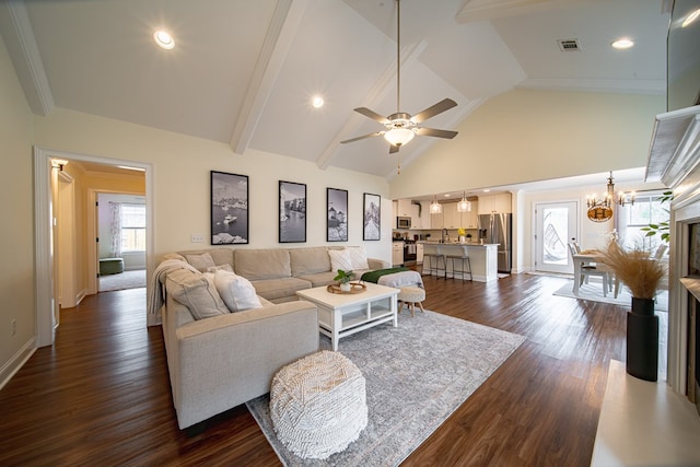 living room featuring ceiling fan with notable chandelier, dark hardwood / wood-style floors, high vaulted ceiling, and beam ceiling