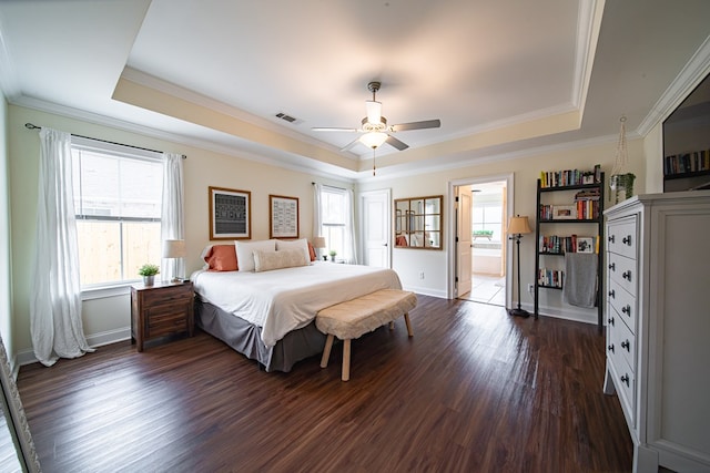 bedroom featuring multiple windows, ornamental molding, dark wood-type flooring, and a tray ceiling