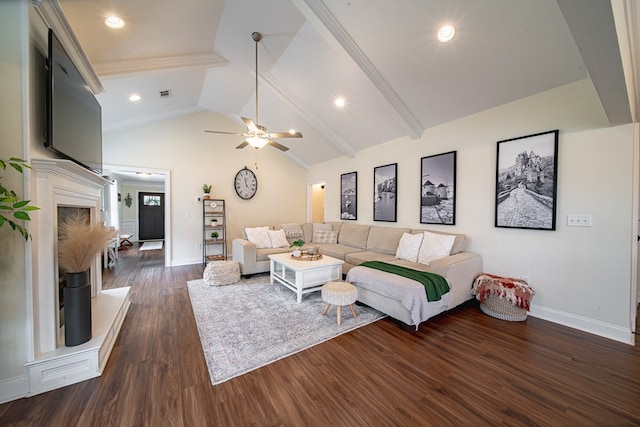 living room with dark hardwood / wood-style flooring, beam ceiling, high vaulted ceiling, and ceiling fan