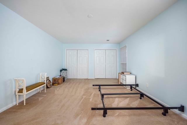 interior space with light carpet and two closets