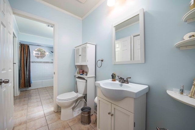 full bathroom with vanity, shower / tub combo, crown molding, toilet, and tile patterned floors