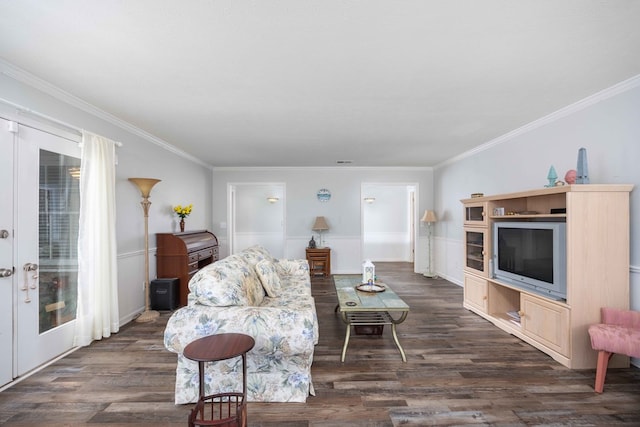 living room featuring crown molding and dark hardwood / wood-style floors