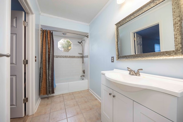 bathroom featuring crown molding, tile patterned flooring, vanity, and shower / bath combination with curtain