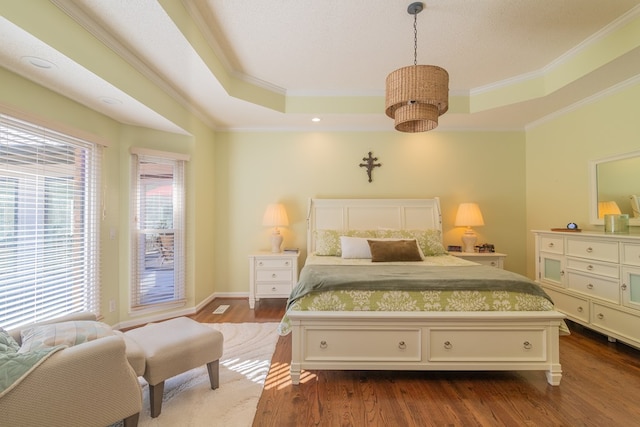 bedroom featuring a tray ceiling, multiple windows, and dark wood-type flooring