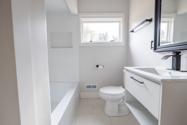 full bath with visible vents, baseboards, toilet, tile patterned flooring, and vanity