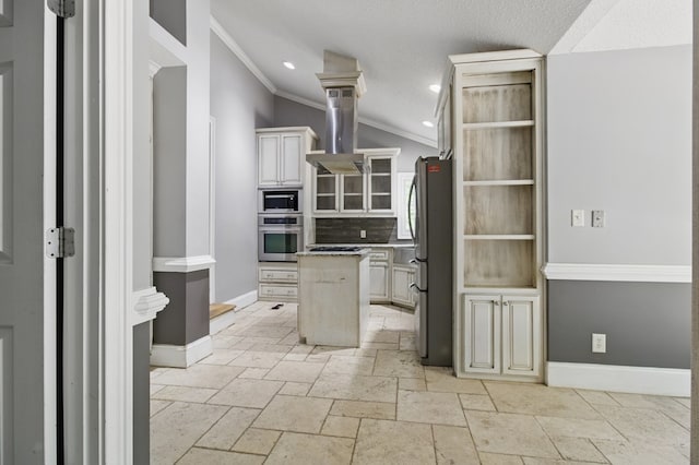 15635 US Highway 0027, Hamilton, GA 31811 - kitchen featuring a center island, crown molding, island exhaust hood, stainless steel appliances, and lofted ceiling