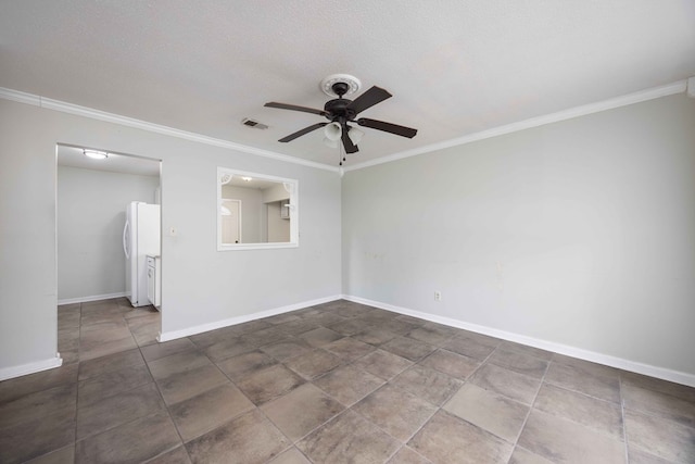 spare room with visible vents, baseboards, a ceiling fan, a textured ceiling, and crown molding