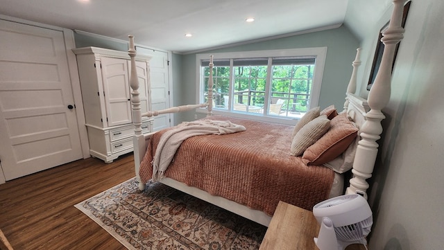 4232 Almond Rd, Fortson, GA 31808 - bedroom featuring dark wood-style flooring, recessed lighting, lofted ceiling, and crown molding