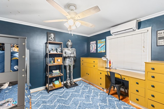 home office featuring a ceiling fan, baseboards, a wall mounted AC, dark wood-style floors, and crown molding