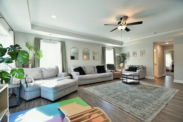 living room featuring ceiling fan, crown molding, dark hardwood / wood-style floors, and a raised ceiling