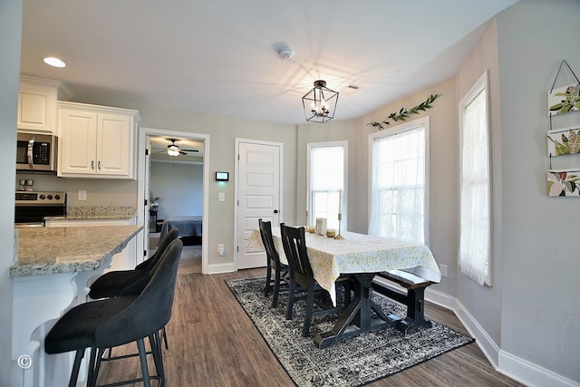 dining space featuring a chandelier and dark hardwood / wood-style flooring