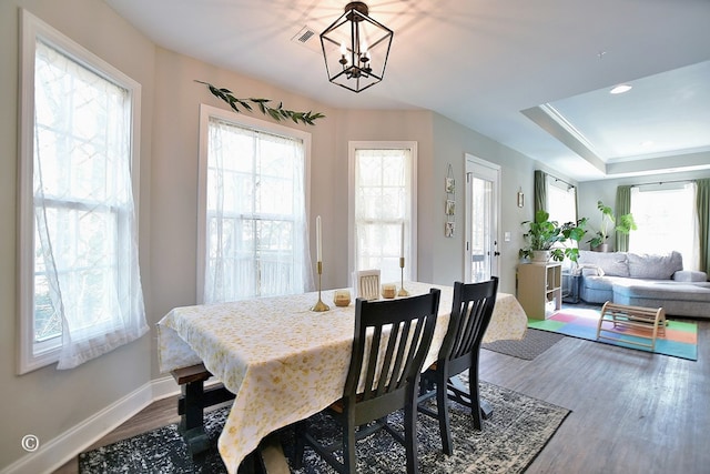 dining room featuring wood-type flooring, plenty of natural light, a notable chandelier, and a raised ceiling