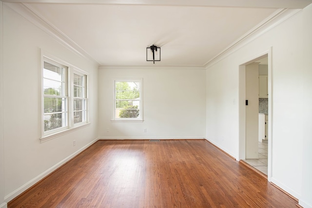 spare room with wood finished floors and ornamental molding