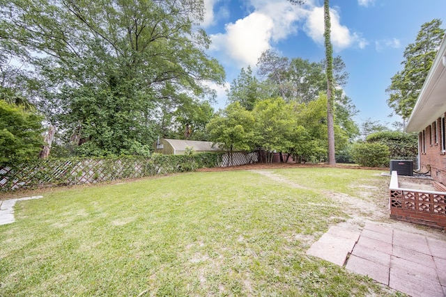 view of yard with central air condition unit and a fenced backyard