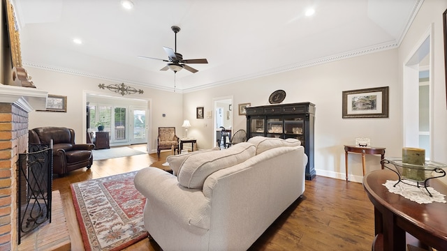 6359 Cape Cod Dr, Columbus, GA 31904 - living room with a ceiling fan, dark wood-style flooring, a fireplace, ornamental molding, and recessed lighting