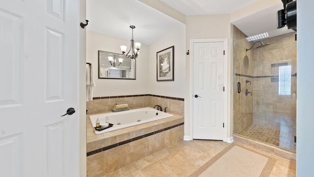 6359 Cape Cod Dr, Columbus, GA 31904 - bathroom with a tub with jets, a shower stall, a chandelier, and tile patterned flooring
