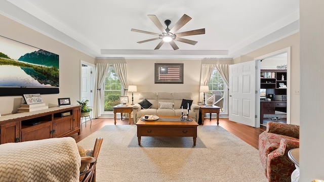 6359 Cape Cod Dr, Columbus, GA 31904 - living room with a ceiling fan, wood finished floors, plenty of natural light, and crown molding
