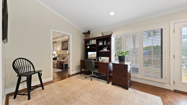 6359 Cape Cod Dr, Columbus, GA 31904 - home office featuring healthy amount of natural light, crown molding, light wood-style floors, and lofted ceiling