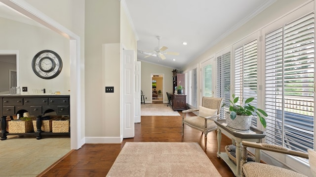 6359 Cape Cod Dr, Columbus, GA 31904 - hall with crown molding, vaulted ceiling, wood finished floors, and recessed lighting