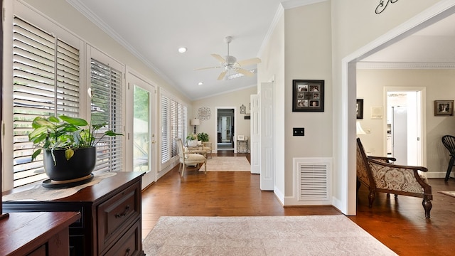 6359 Cape Cod Dr, Columbus, GA 31904 - entrance foyer featuring ornamental molding, wood finished floors, a ceiling fan, vaulted ceiling, and recessed lighting