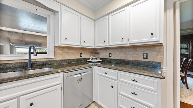 6359 Cape Cod Dr, Columbus, GA 31904 - kitchen featuring stainless steel dishwasher, ornamental molding, white cabinetry, dark stone countertops, and tasteful backsplash