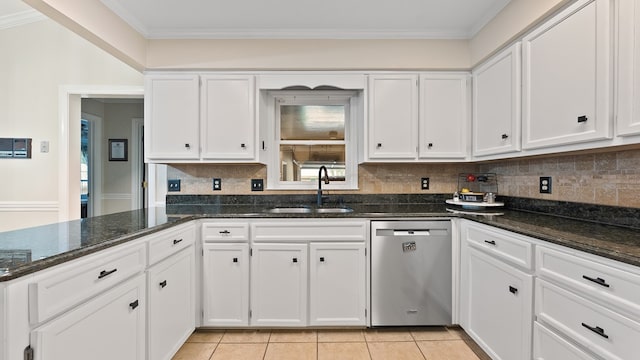 6359 Cape Cod Dr, Columbus, GA 31904 - kitchen with dishwasher, white cabinets, decorative backsplash, and ornamental molding