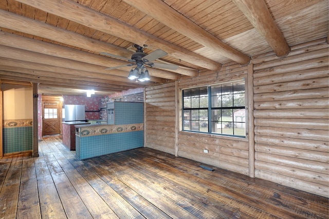 interior space featuring rustic walls, wooden ceiling, beamed ceiling, and dark wood-type flooring