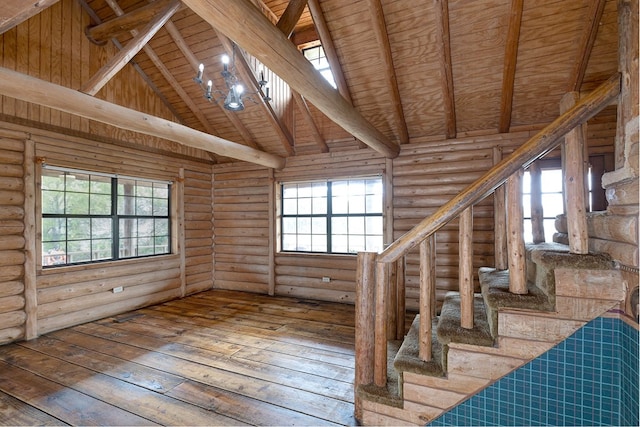 interior space with hardwood / wood-style flooring, plenty of natural light, wooden ceiling, and rustic walls