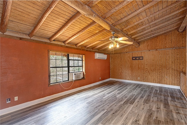 empty room featuring ceiling fan, wooden ceiling, lofted ceiling with beams, wood walls, and hardwood / wood-style flooring