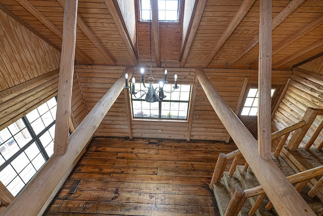 details with a chandelier, log walls, and wood ceiling