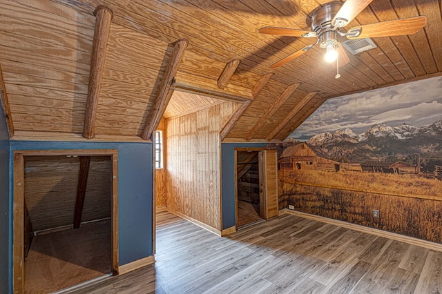 bonus room featuring lofted ceiling, wooden walls, hardwood / wood-style flooring, and wooden ceiling