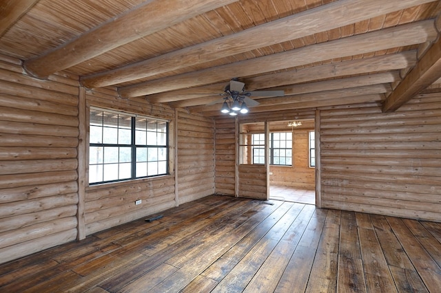 empty room featuring plenty of natural light, beam ceiling, wooden ceiling, and dark wood-type flooring