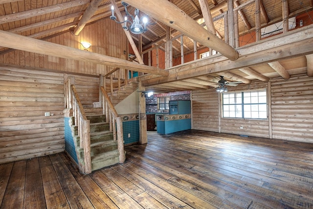 interior space with wood ceiling, ceiling fan, high vaulted ceiling, beamed ceiling, and dark hardwood / wood-style floors