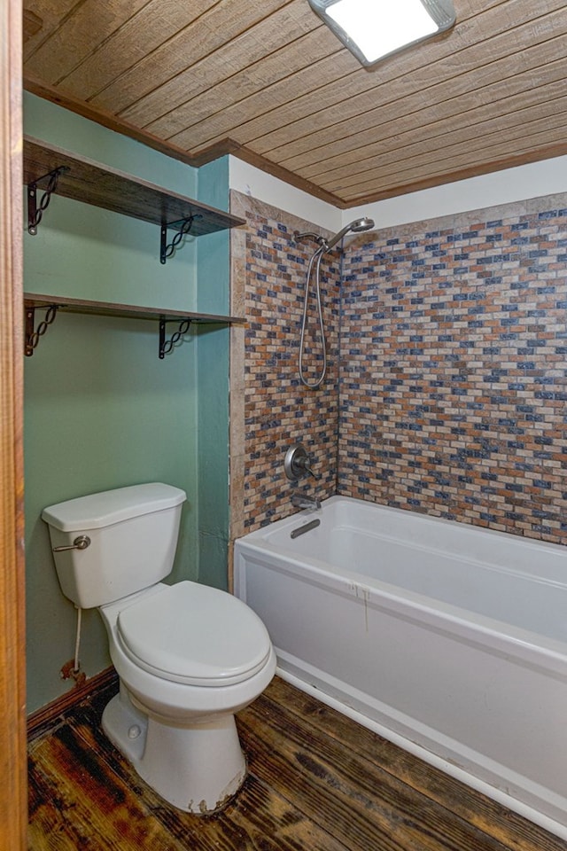 bathroom featuring hardwood / wood-style flooring, toilet, shower / washtub combination, and wood ceiling