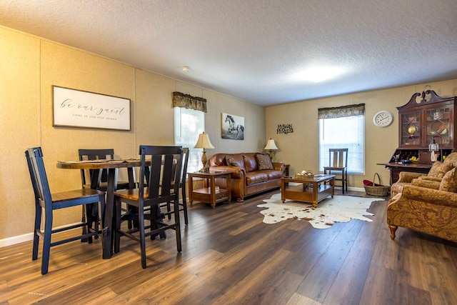 living room with a textured ceiling and dark hardwood / wood-style floors