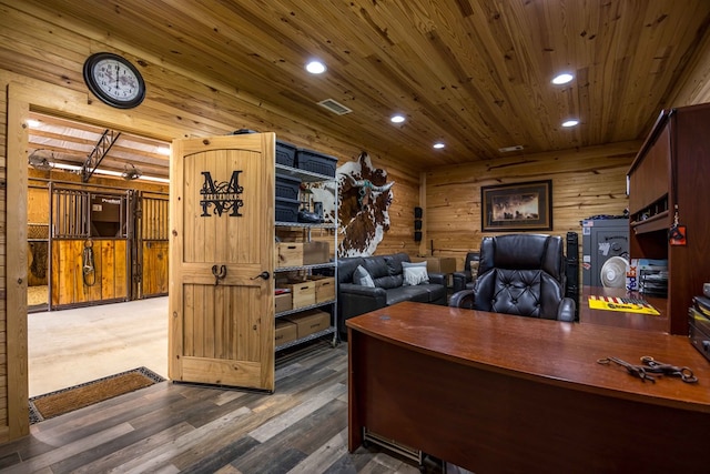 home office featuring wood walls and dark wood-type flooring