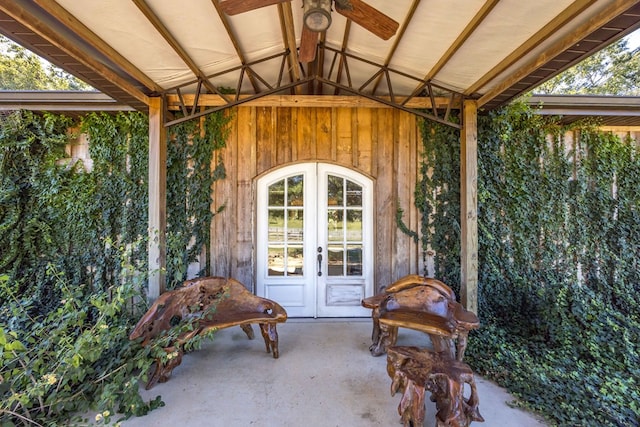 exterior space with french doors and ceiling fan