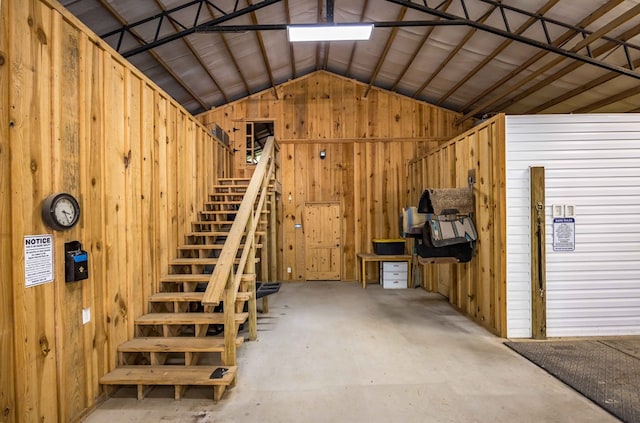 garage with wood walls