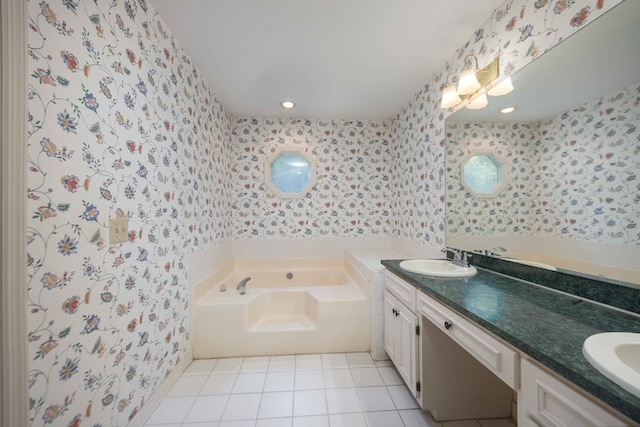 4608 Mayo Dr, Columbus, GA 31909 - full bathroom with wallpapered walls, a bath, tile patterned flooring, and double vanity